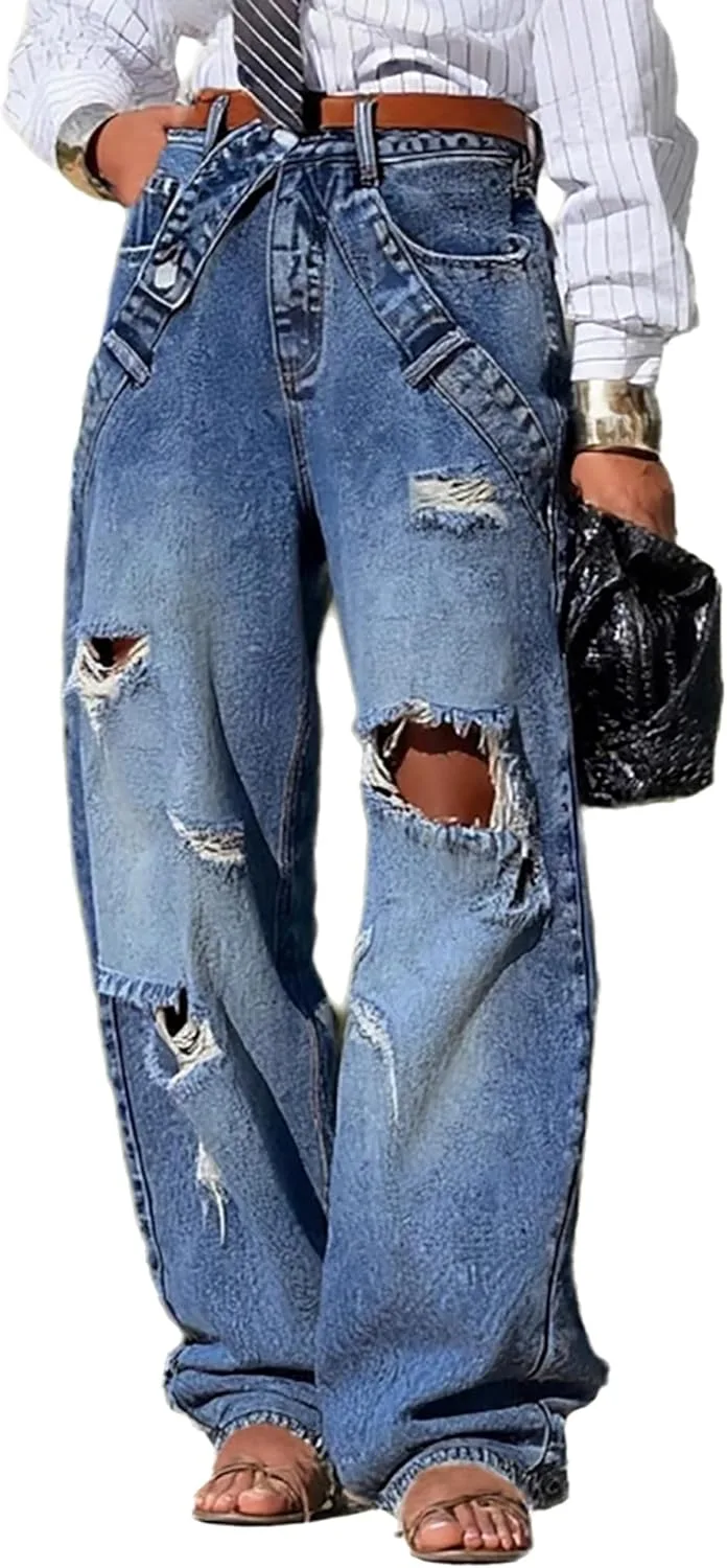 

Женские рваные джинсы baggy wide leg casual mid rise QLAUYIOE