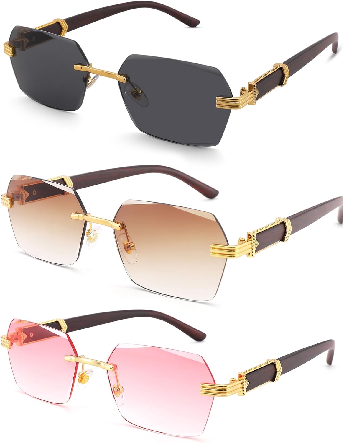 

Солнцезащитные очки Hycredi без оправы, прямоугольной формы, для мужчин и женщин, в стиле ретро, ​​без оправы, квадратной формы, солнцезащитные очки в стиле Y2k, тонированные очки, A5 * 3 Pack (Gray + Brown + Pink）