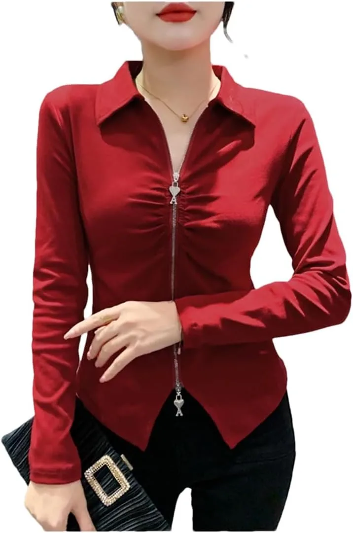 

Женская футболка с отложным воротником и молнией