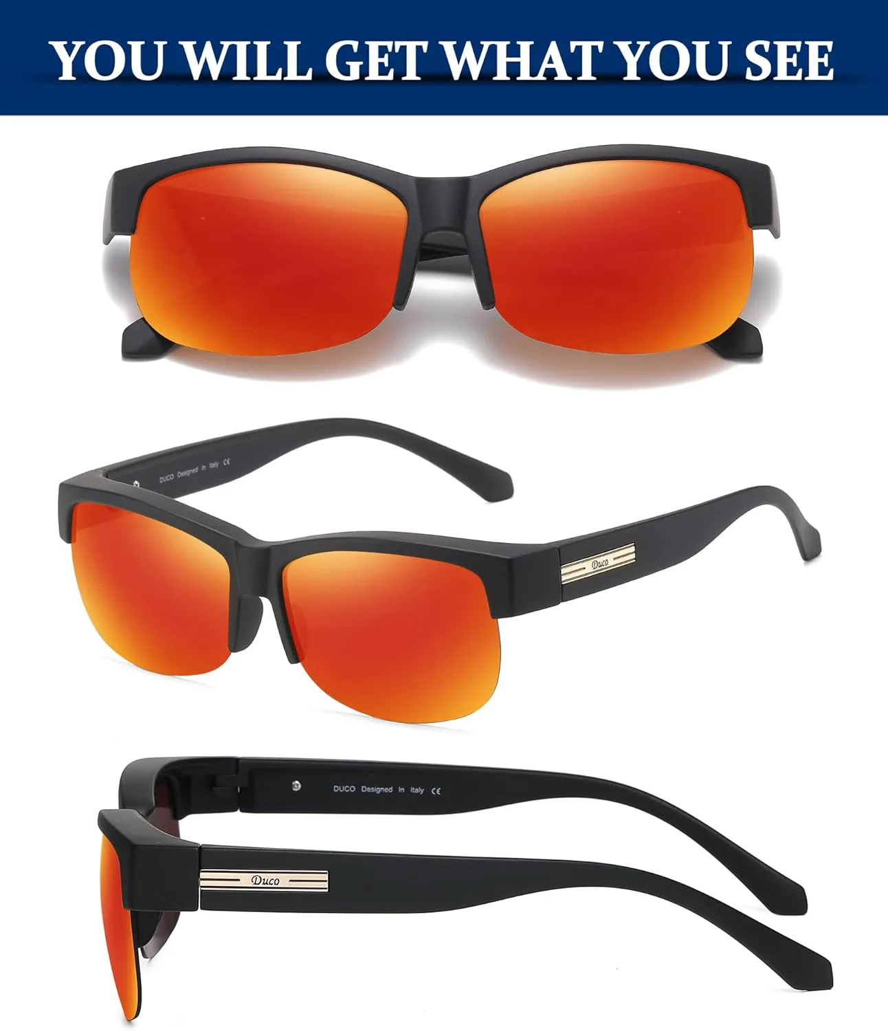 

DUCO Fit Over Glasses Унисекс, обтекаемые очки, модные безободковые очки, поляризованные солнцезащитные очки для мужчин и женщин 8960, Matte Black Frame Revo Red Lens