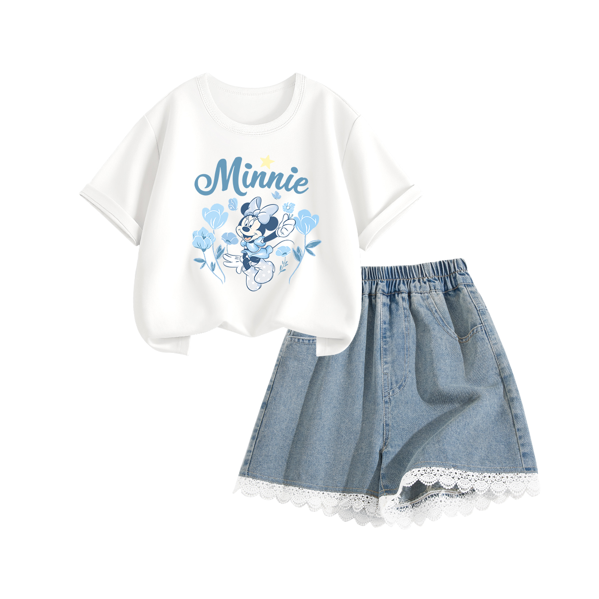 

Детская повседневная спортивная одежда с круглым вырезом, тонкая футболка Disney, di garden sky синий+solid color lake синий