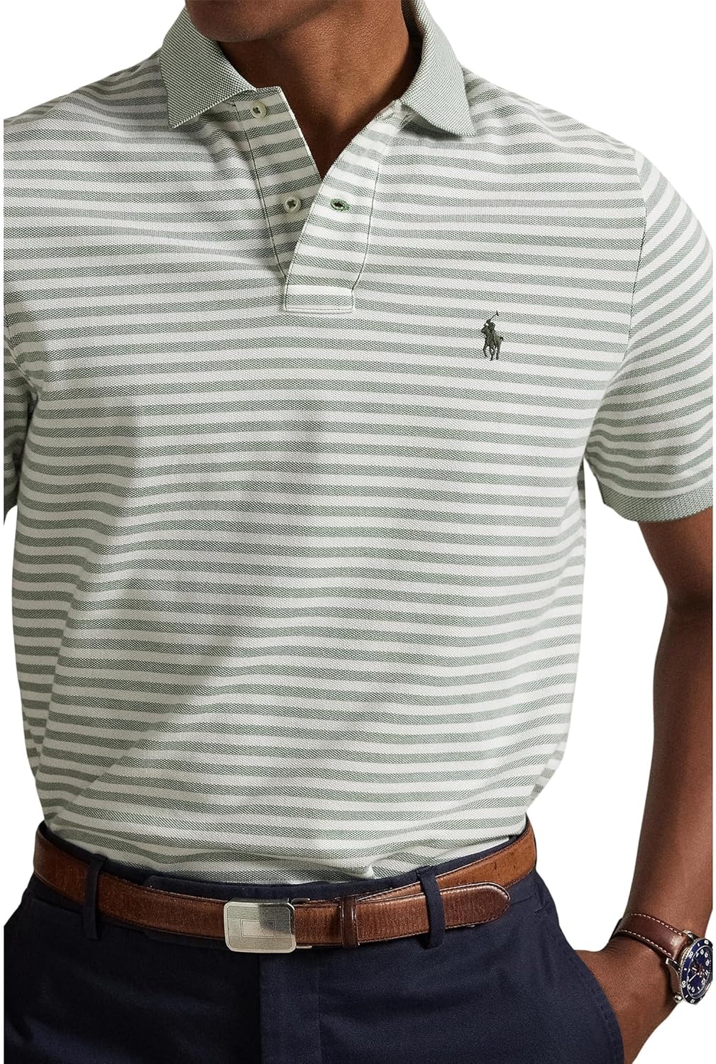 POLO RALPH LAUREN Мужская классическая полосатая поло из сетки, Fatigue/White — фото 3