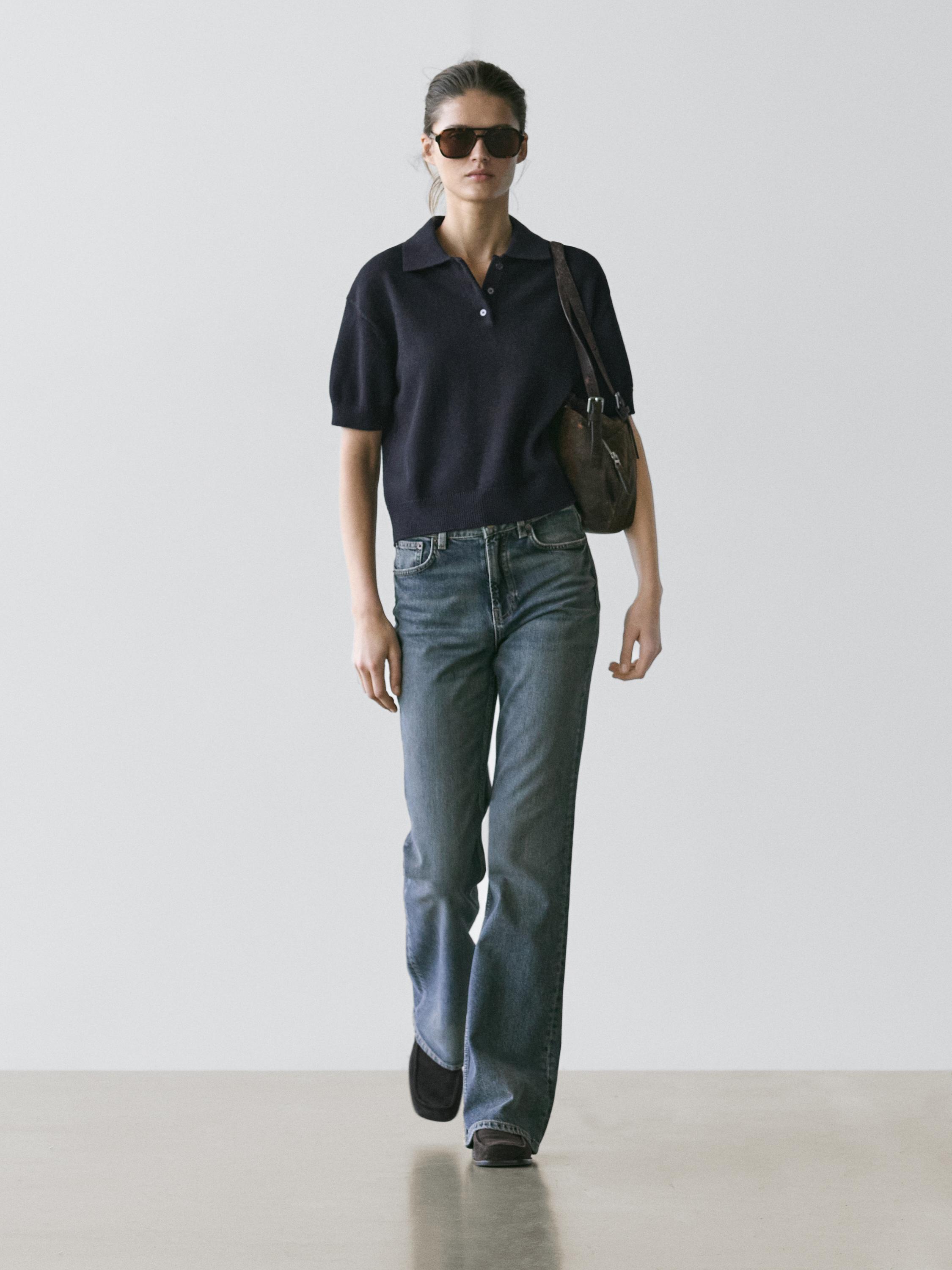 

Вязаный свитер-поло из смесовой шерсти Massimo Dutti, navy blue