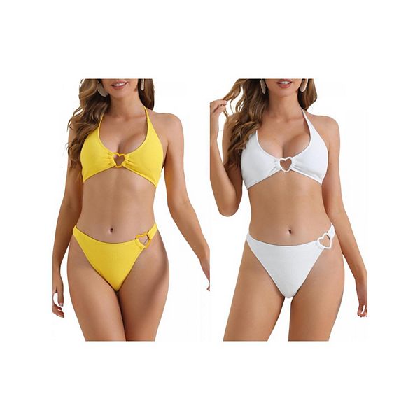 

2 комплекта женского бикини с ребристым текстурированным топом на запах и треугольными трусиками с сердечком Inspire Chic, White Yellow