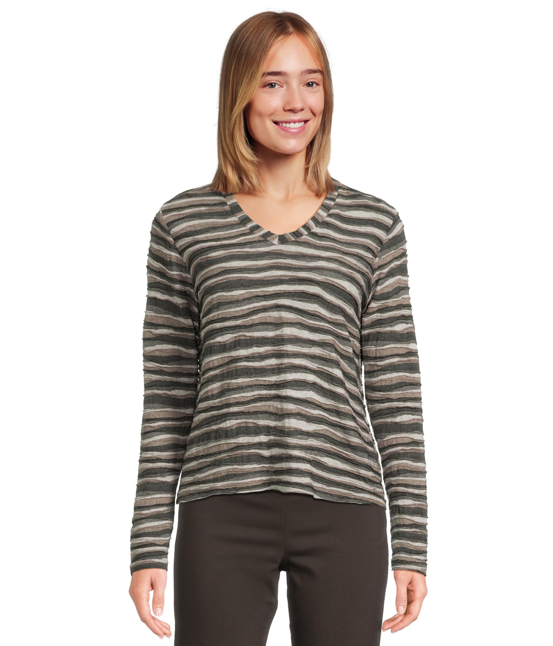 

Топ Elliott Lauren Long Sleeve Stripe V-neck Knit Top, цвет Taupe Multi