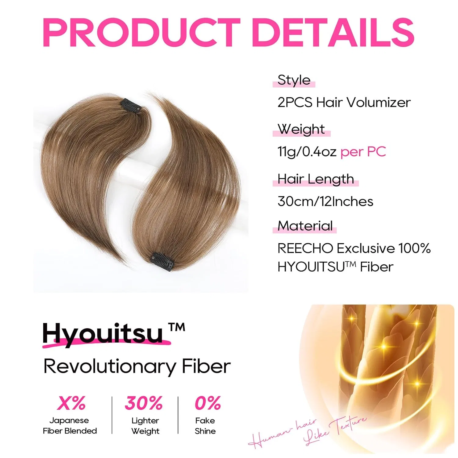 Накладные пряди для объема «Clip-In Hairpiece» от REECHO Reecho, Light Brown — фото 2