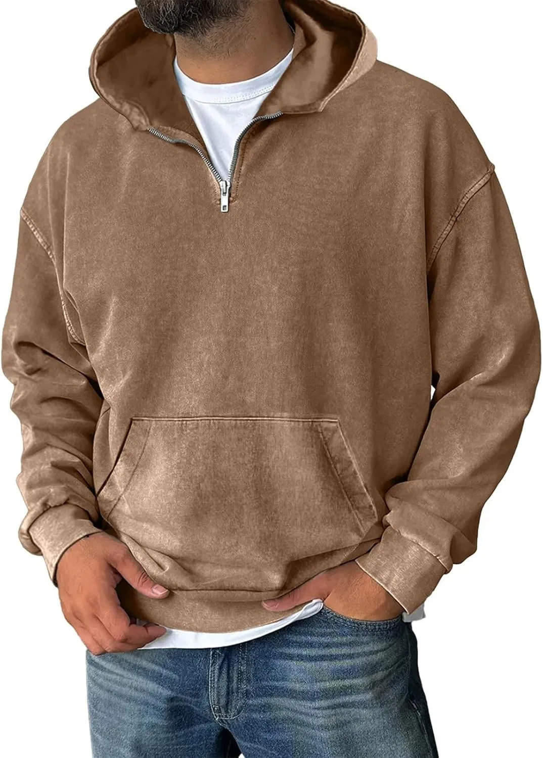 Худи мужское с капюшоном, quarter zip, выбеленный, бренд Generic, цвет Brown