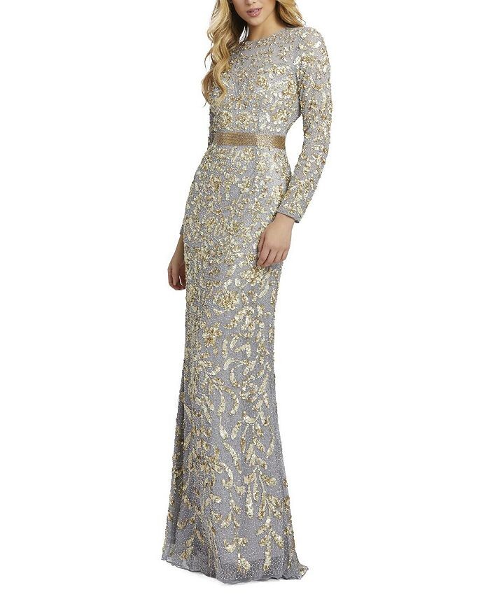 

Платье Mac Duggal с длинными рукавами и украшением, серый