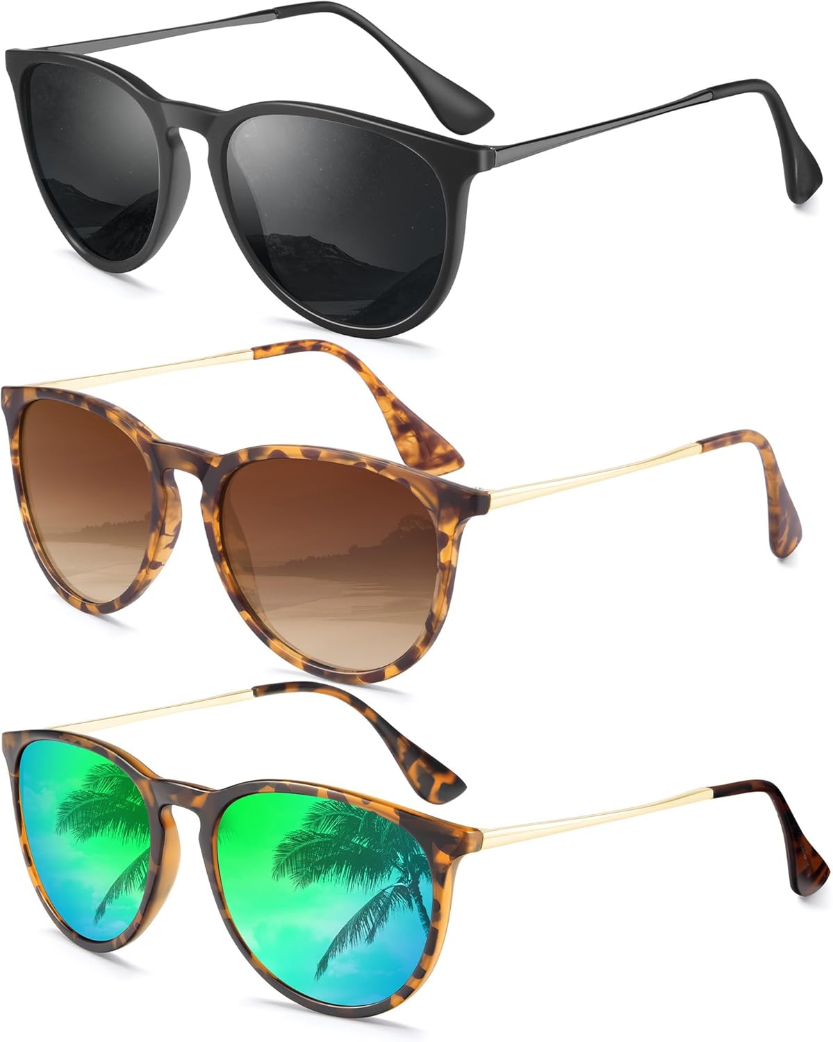 

Женские поляризованные солнцезащитные очки: ретро круглые солнцезащитные очки с защитой UV400, модный набор из 3 штук QALLY, Black/Grey + Matt Leopard/Gradient Brown + Matt Leopard/Green