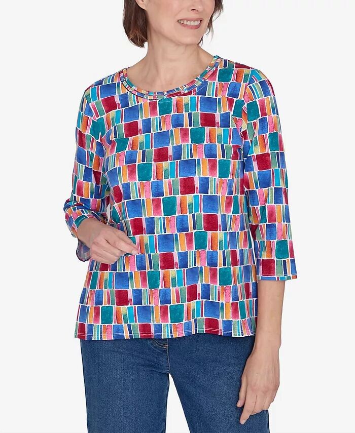 

Топ с короткими рукавами Petite Key Items Box Print Alfred Dunner, мультиколор