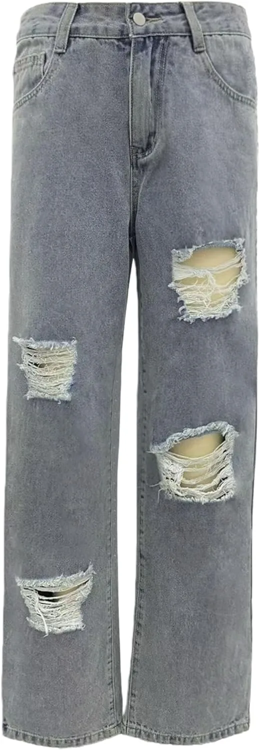 

Женские джинсы с высокой талией, рваные, серые, свободные, широкие TimeGofate