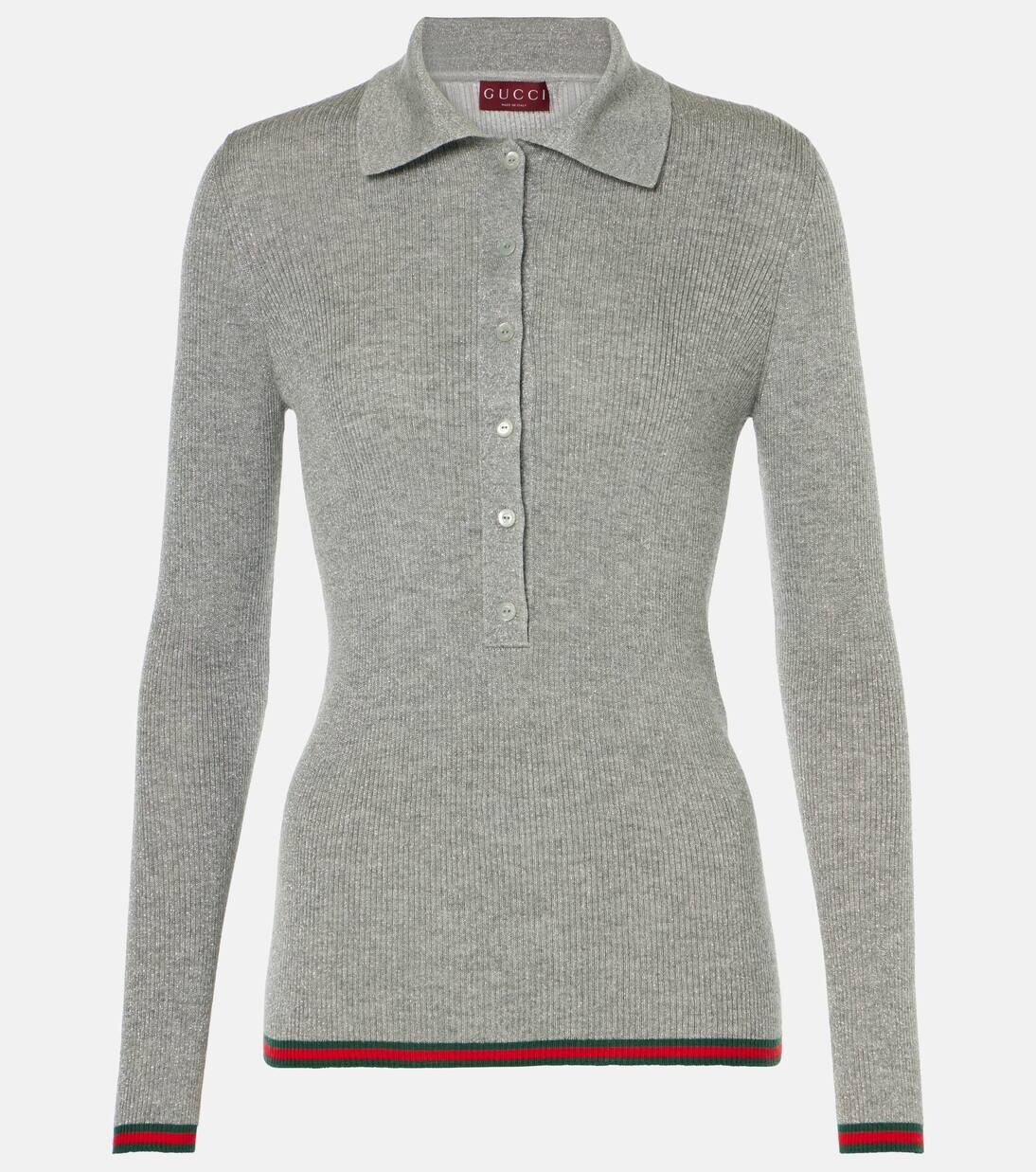 

Свитер-поло Web Stripe из кашемировой смеси Gucci, цвет shiny grey