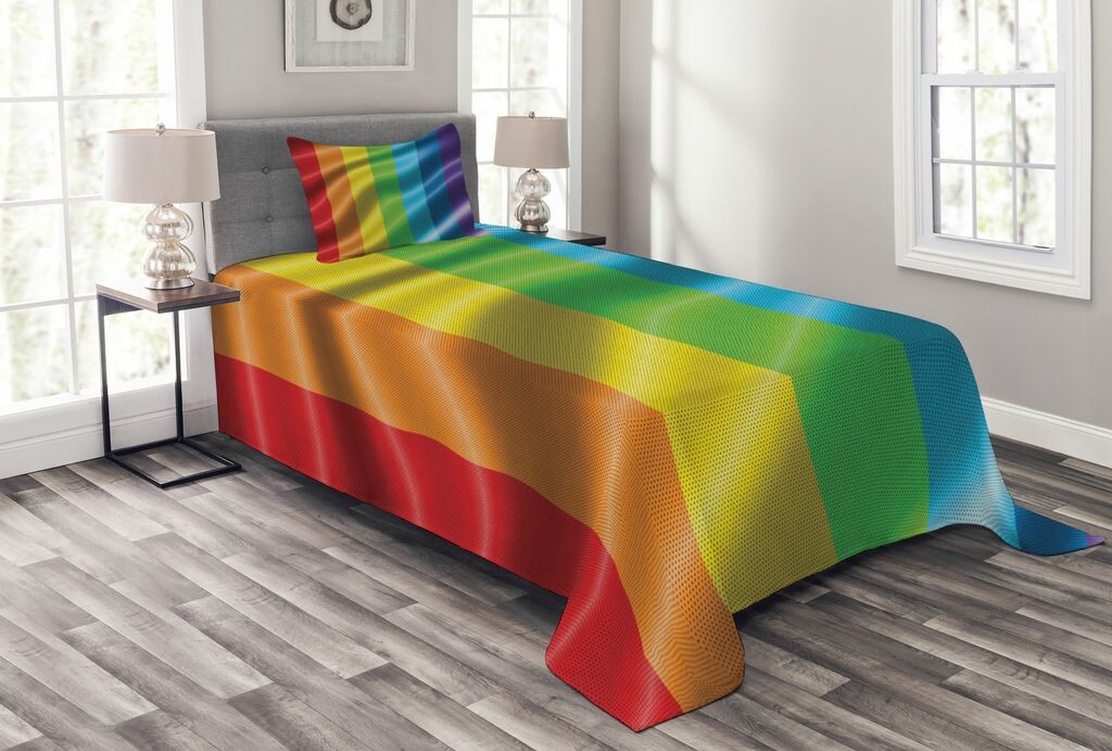 

Комплект покрывала ABAKUHAUS Rainbow, дизайн в стиле флага гордости, комплект с моющимися наволочками, для односпальных кроватей 170 x 220 см, разноцветный