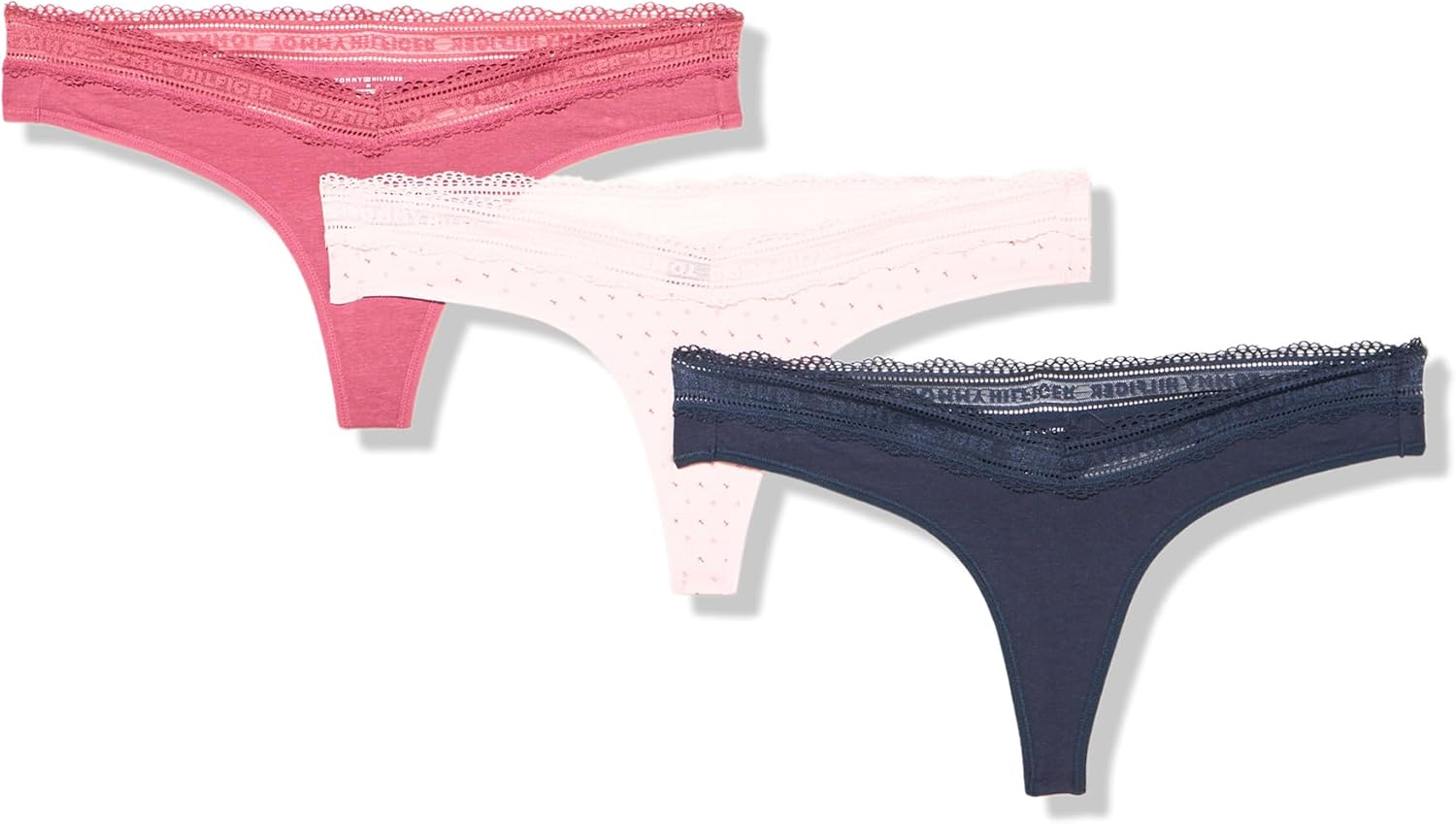 

Женские стринги Tommy Hilfiger из хлопка с V-образным вырезом и кружевной отделкой, комплект из 3 пар, Alternating Th Allover Blushing Bride/Dry Rose/Sky Captain