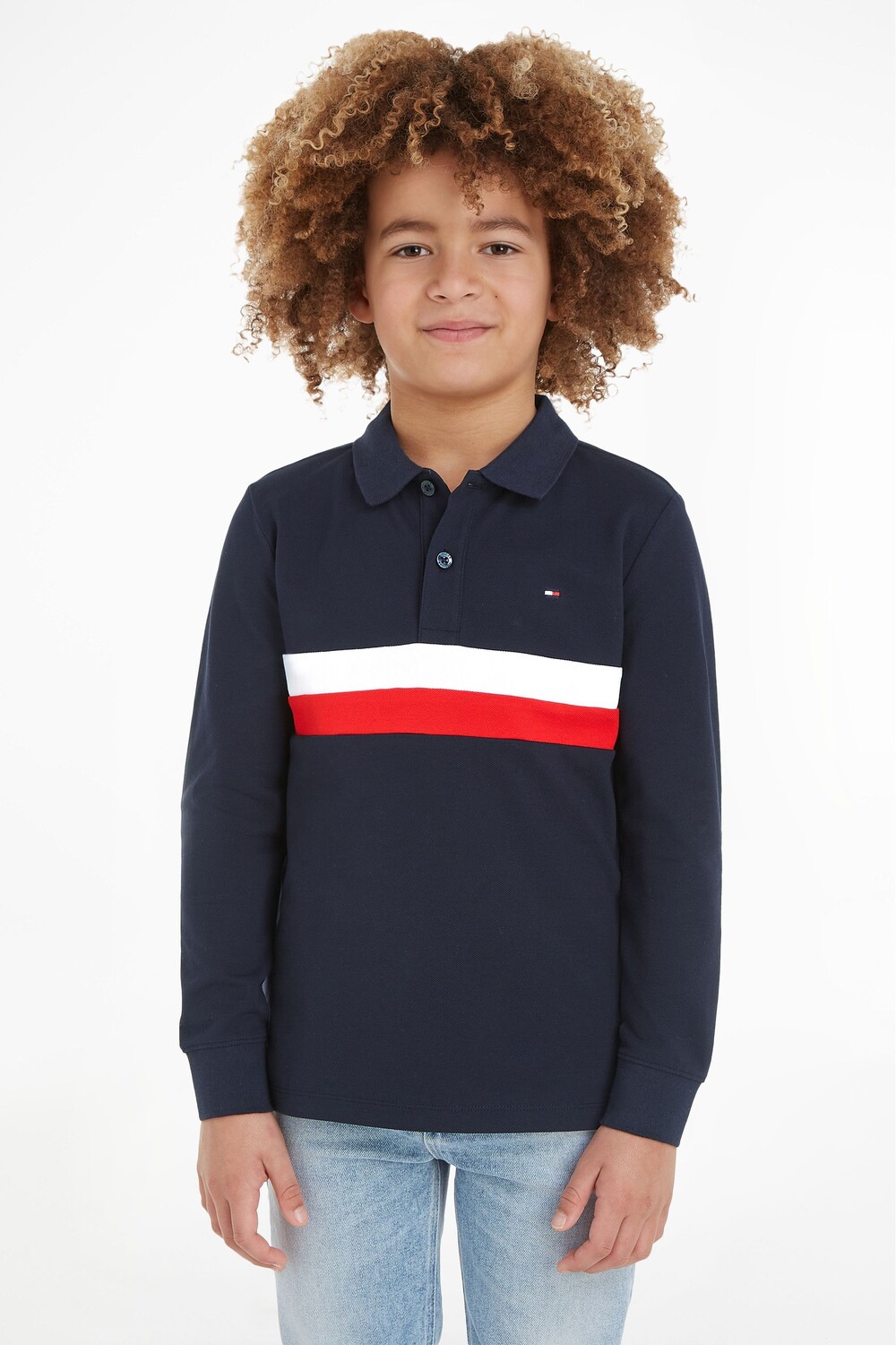 

Синяя детская рубашка-поло в стиле колор-блок с длинными рукавами Tommy Hilfiger, синий