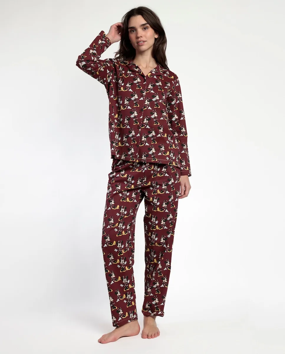 

Женская длинная открытая пижама из хлопкового трикотажа бордового цвета Disney