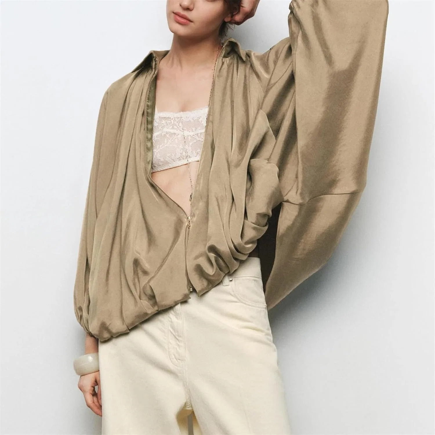 Куртка-бомбер женская с летучей мышью, Polyester, Khaki — фото 3