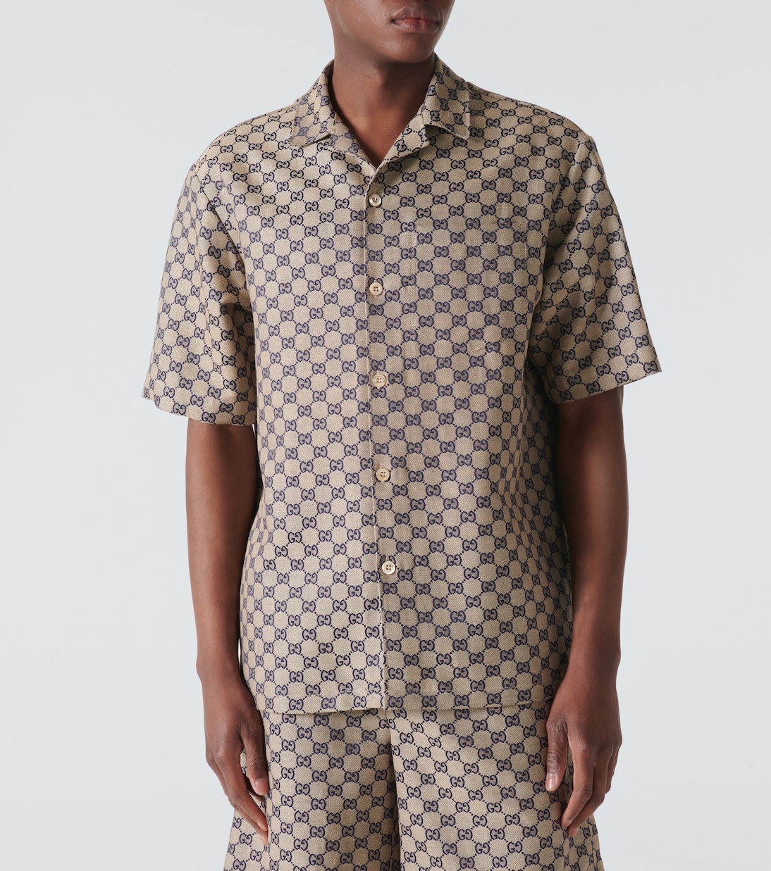 Рубашка Gucci GG Canvas из смесового льна, с кубинским воротником, Oatmilk/Blue — фото 3
