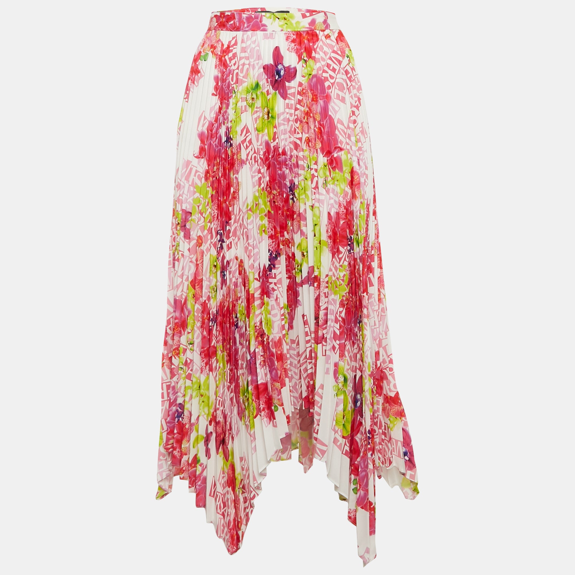 

Асимметричная плиссированная юбка миди из атласа с разноцветным цветочным принтом от Versace