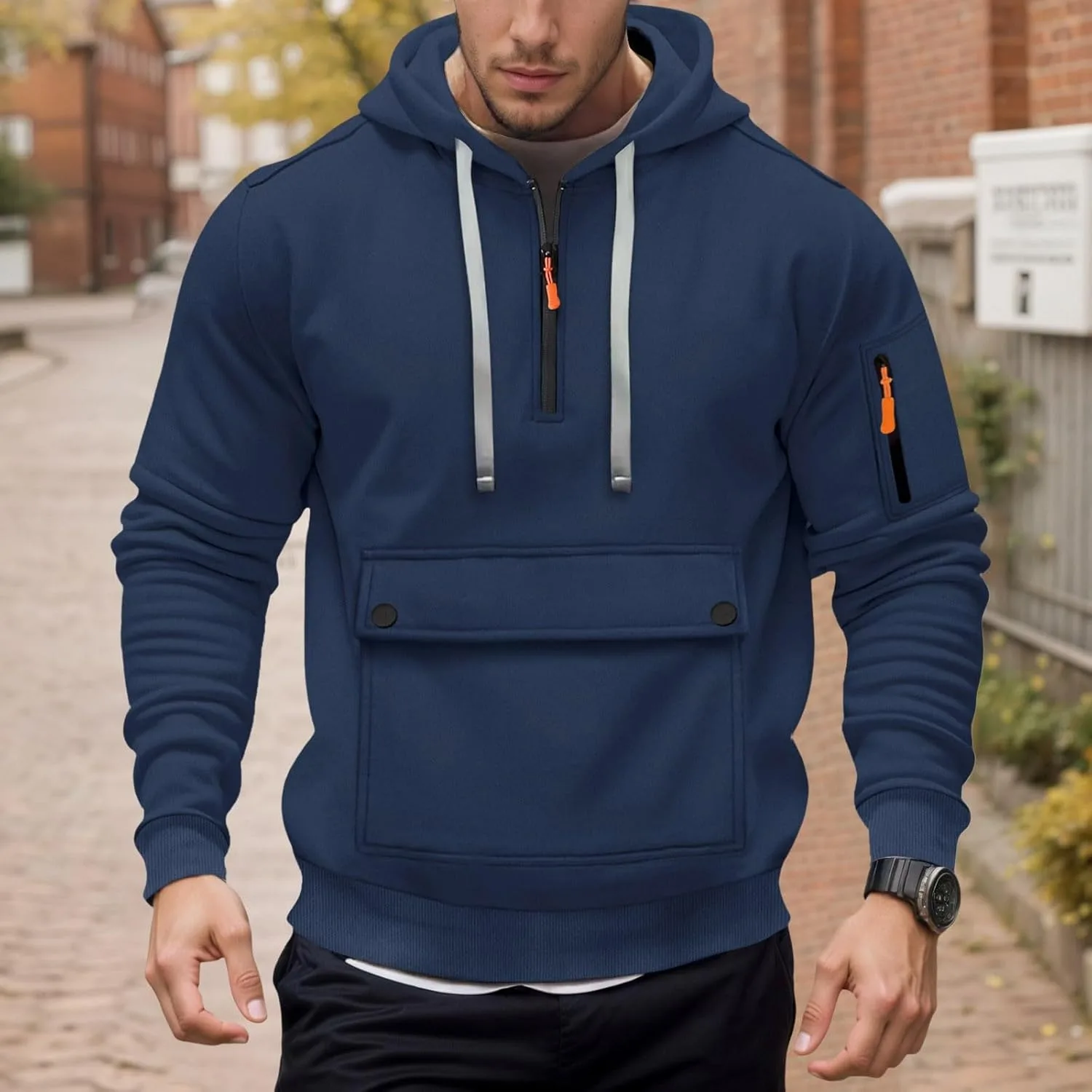Толстовка с капюшоном для мужчин Casual Quarter Zip, легкая флисовая, свободного кроя с карманами — фото 3