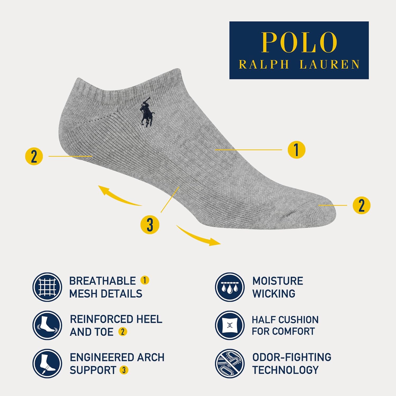POLO RALPH LAUREN мужские спортивные хлопковые носки низкие - набор 6 пар - влагоотводящая сетка, Gray Heather Assorted — фото 2