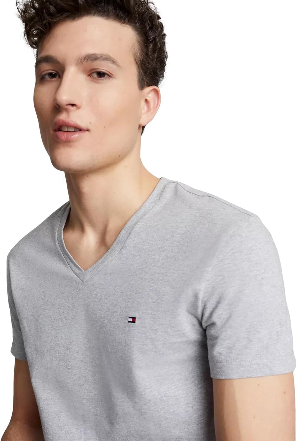 Мужская облегающая футболка Tommy Hilfiger с V-образным вырезом, Grey Heather. — фото 3