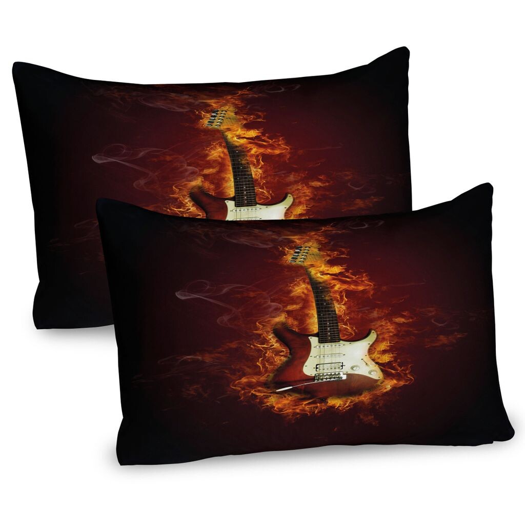 

Чехлы для подушек для гитары ABAKUHAUS, набор из 2 шт., электрогитара in the Flames Burning Fire, концепция музыкального творчества в стиле хард-рок, чехол для подушки с декоративным принтом, 80x40 см, темно-бордовый оранжевый черный