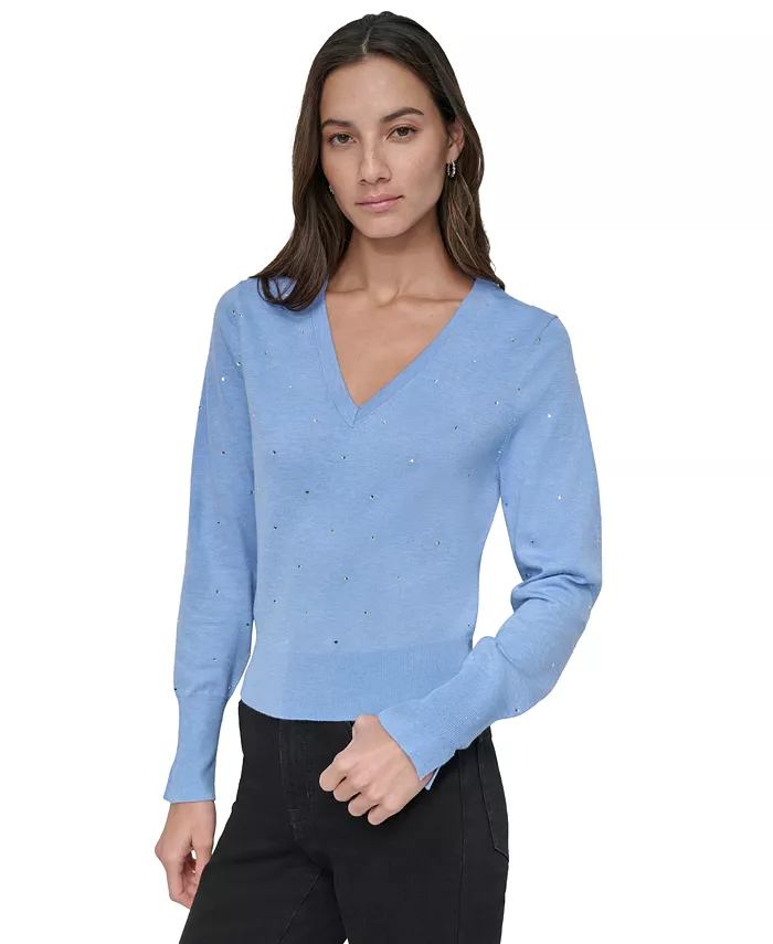 

Женский свитер с V-образным вырезом и шипами DKNY Jeans, синий