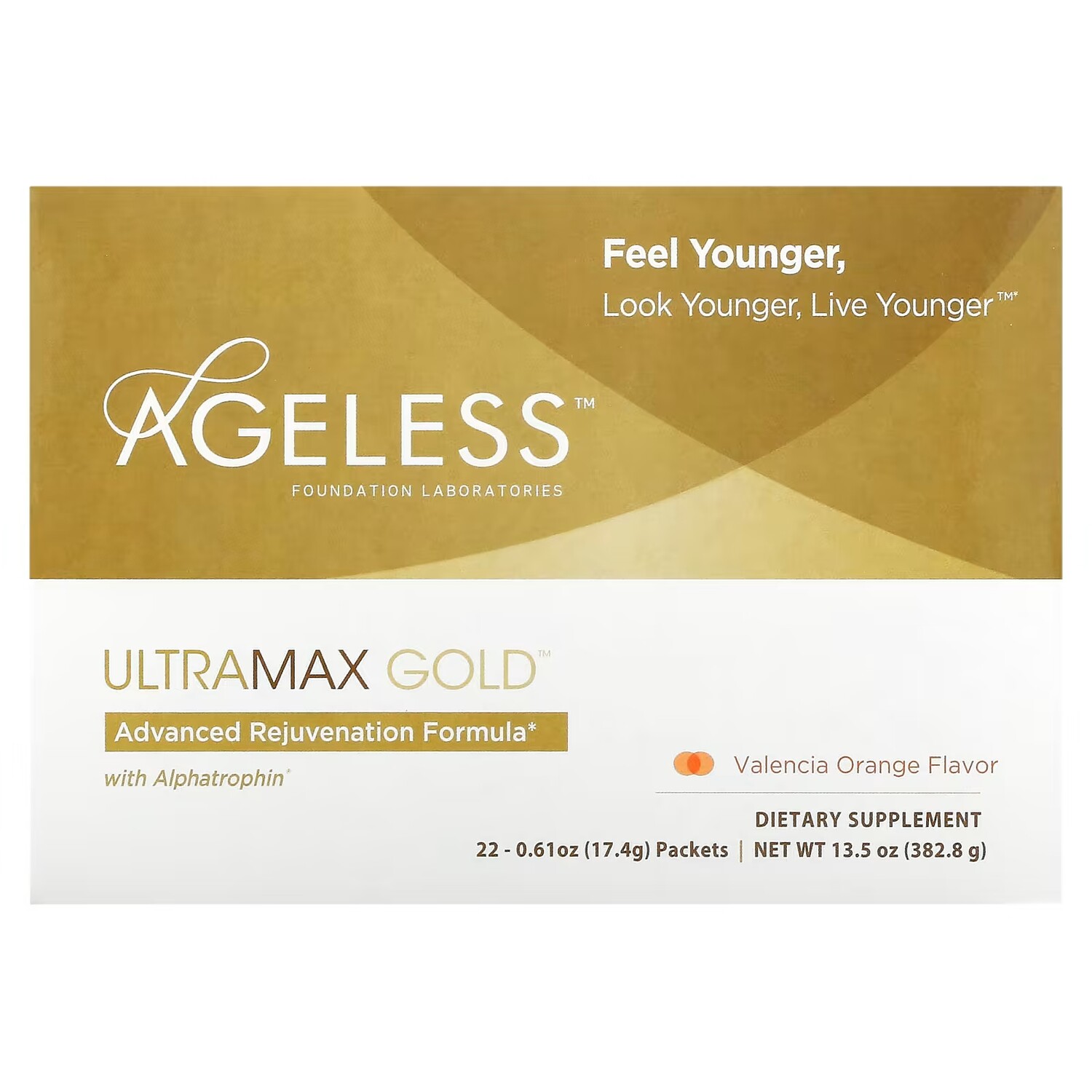 

Усовершенствованная формула омоложения Ageless Foundation Laboratories UltraMax Gold с альфатрофином, 22 пакета по 17,4 г