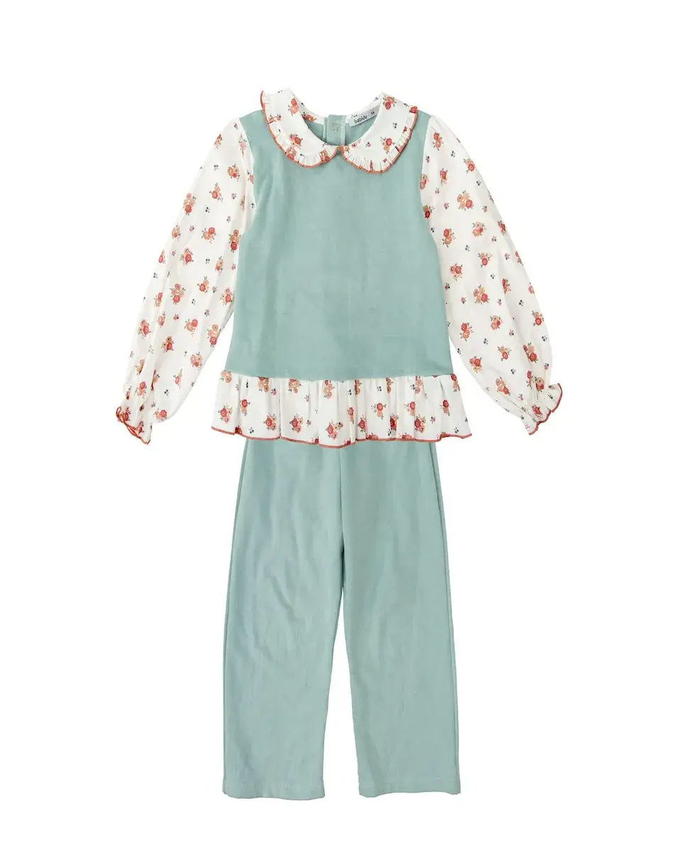 

Детский спортивный костюм для девочки с кофтой с воротником-рюшей и подходящими штанами BABIDÚ, зеленый