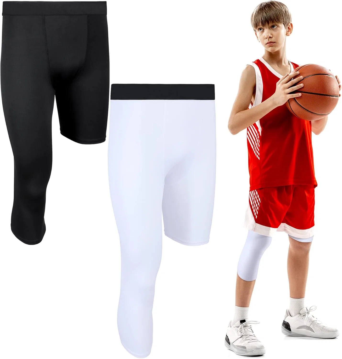 Hercicy 2 Packs Boys' Youth 3/4 One Leg Compression Tights Basketball Leg Sleeve Leggings Pants Athletic Base Layer, Black+White( Left Short)