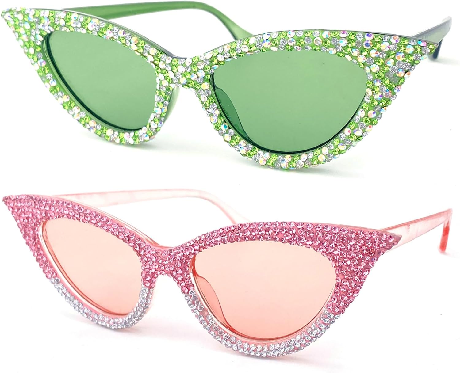 

Модные солнцезащитные очки «кошачий глаз» с бриллиантами, в стиле ретро, ​​украшенные стразами, сверкающие кристаллами, роскошные очки с блестками mincl, 2pcs-pink&green