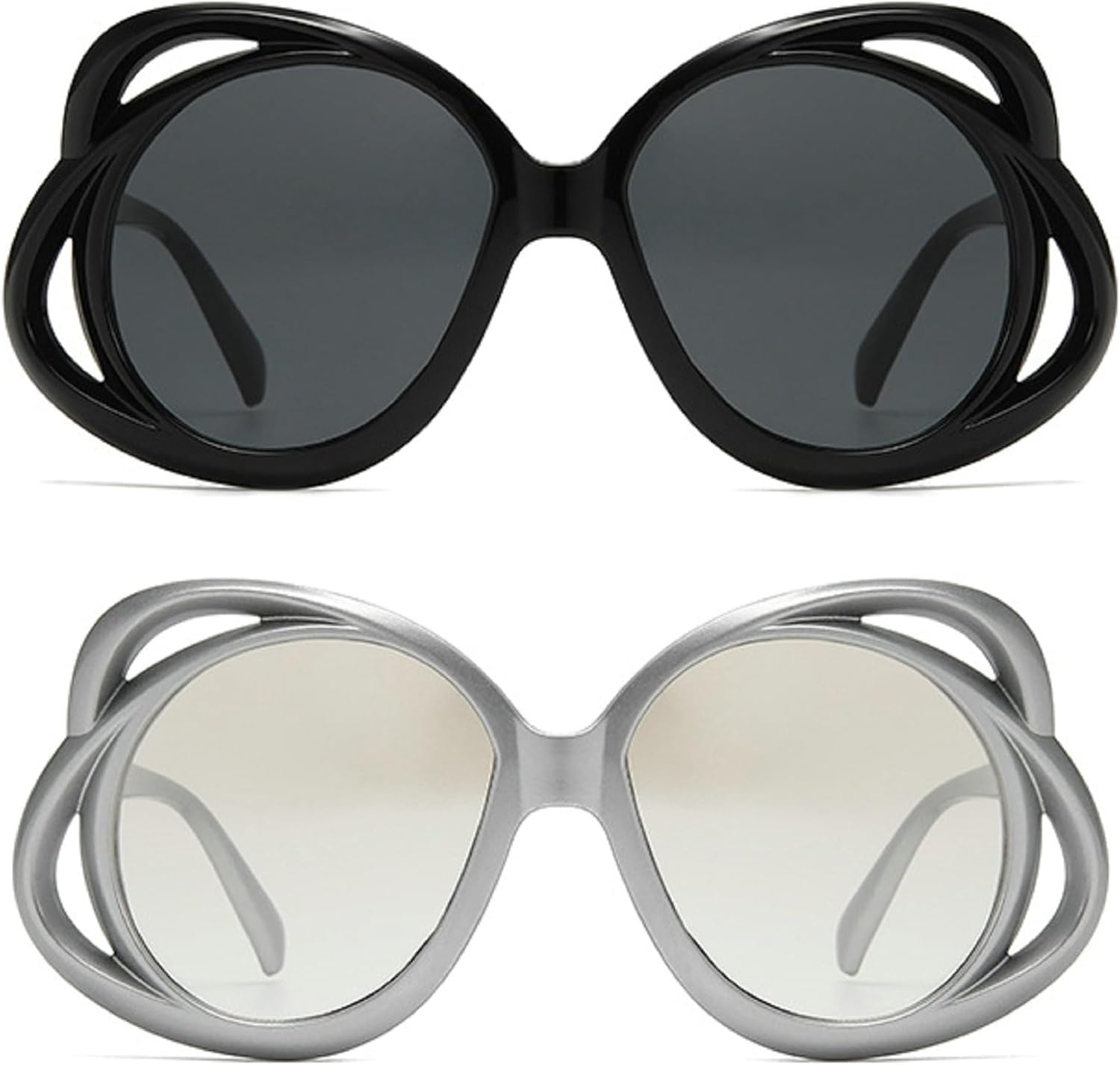 

Модные овальные солнцезащитные очки с цветочным рисунком для женщин, винтажные, большие, с градиентным, ажурным дизайном, в стиле панк, для вечеринок, с защитой от УФ-излучения UV400 mincl, 2pcs-black&silver