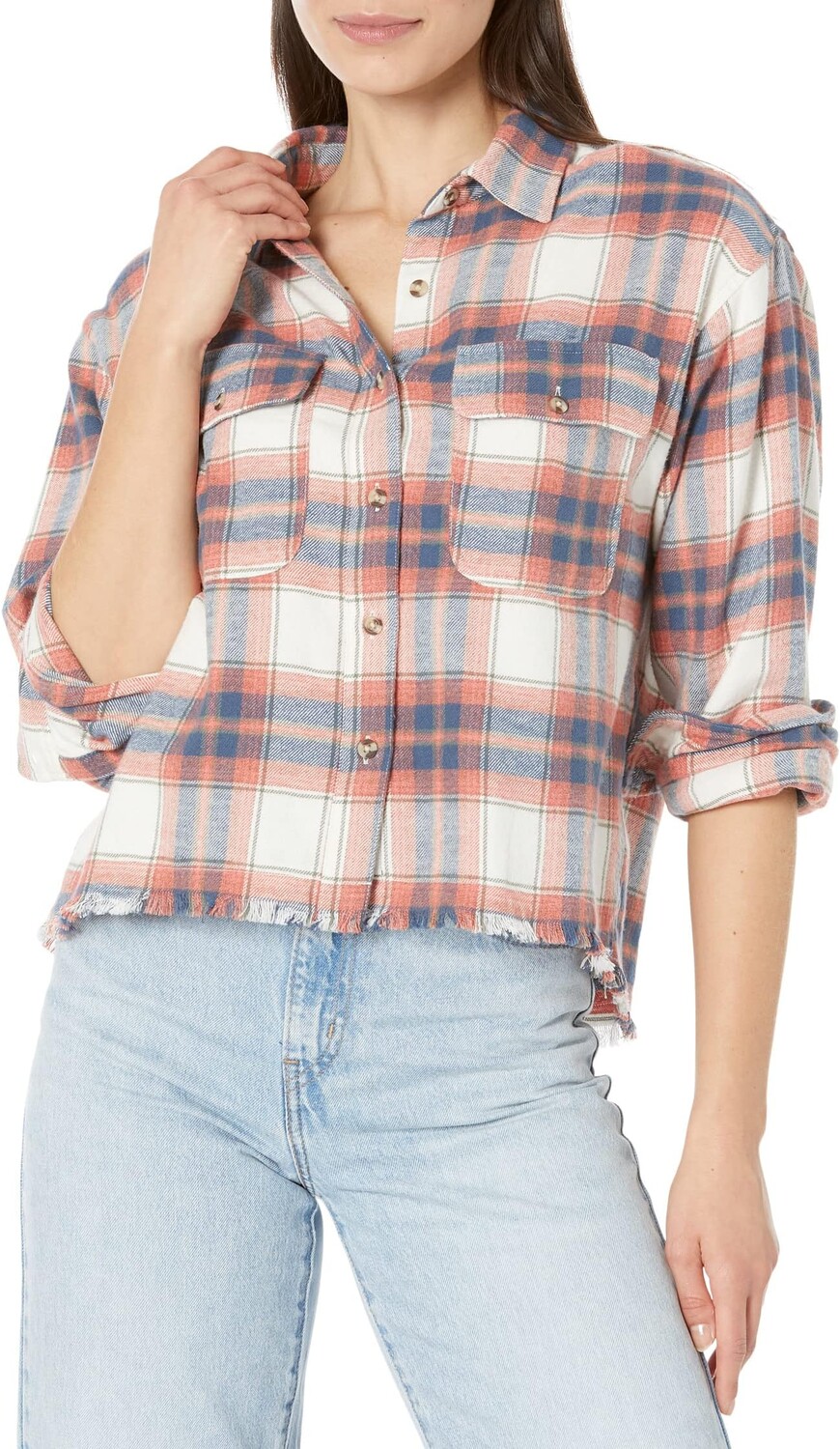 

Укороченная рубашка на пуговицах в клетку Raw Edge Lucky Brand, цвет Cream Plaid