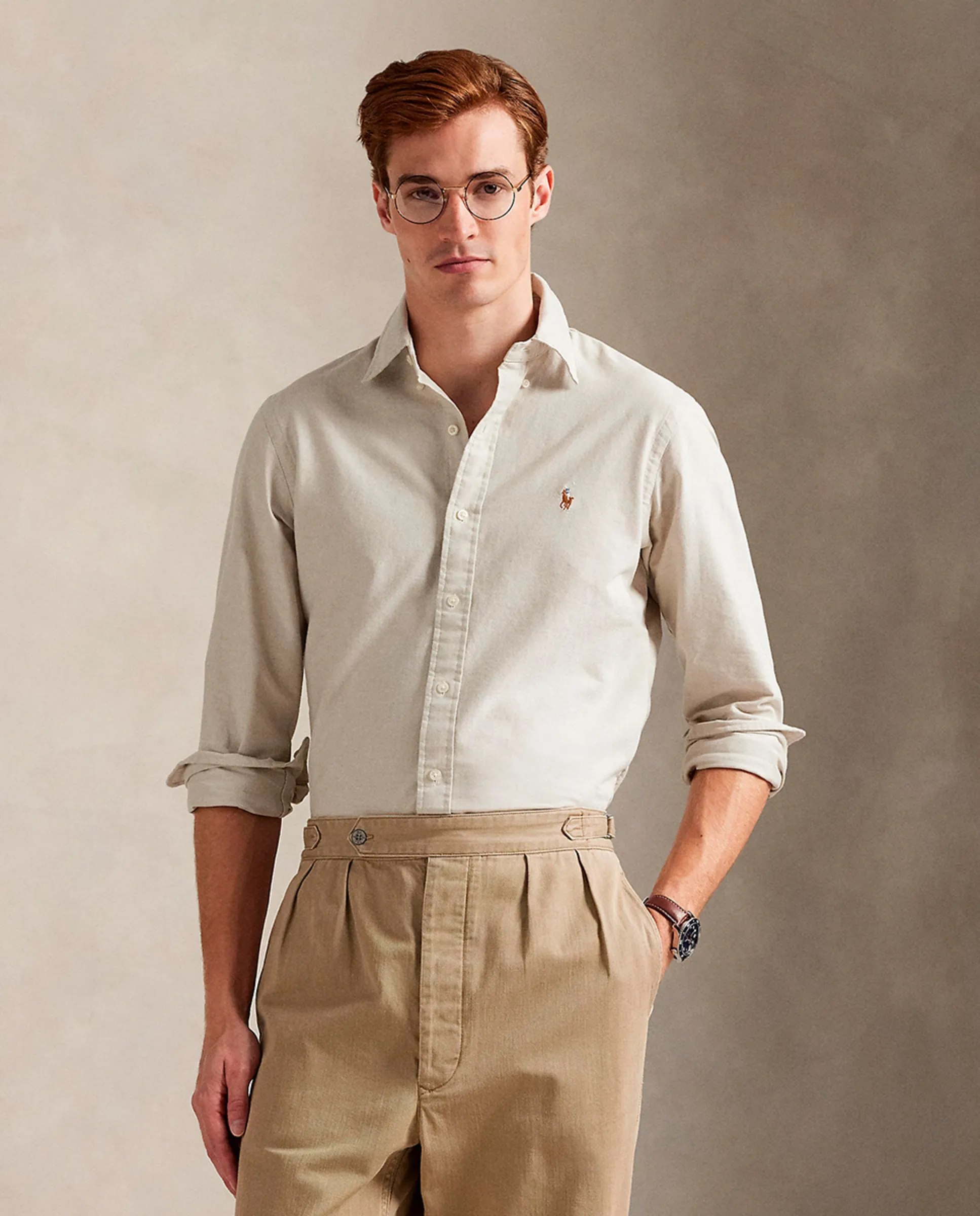

Мужская оксфордская рубашка из хлопка Custom fit Polo Ralph Lauren, бежевый