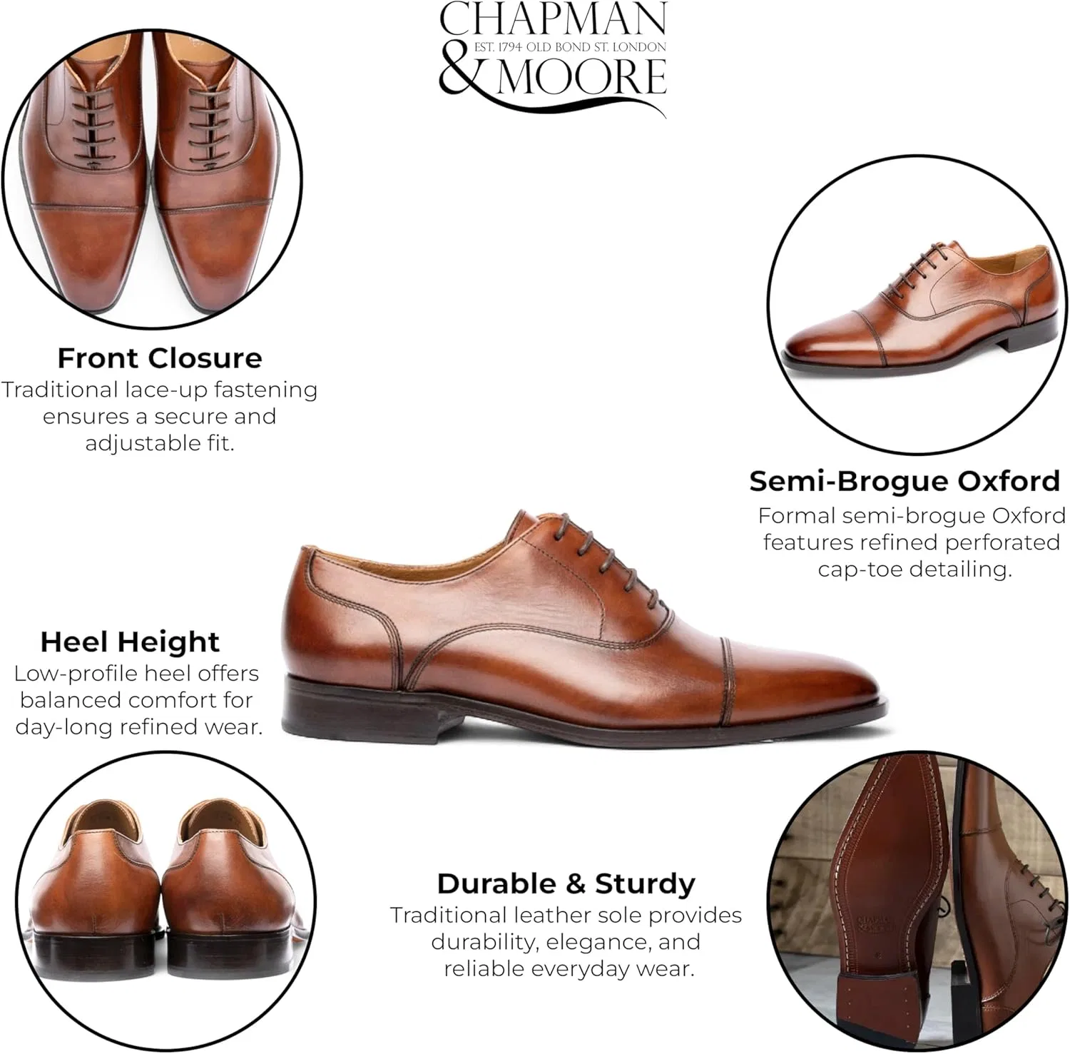 Infinity Leather Мужские коричневые кожаные офисные туфли-оксфорды Chapman & Moore с перфорацией на мыске — фото 2