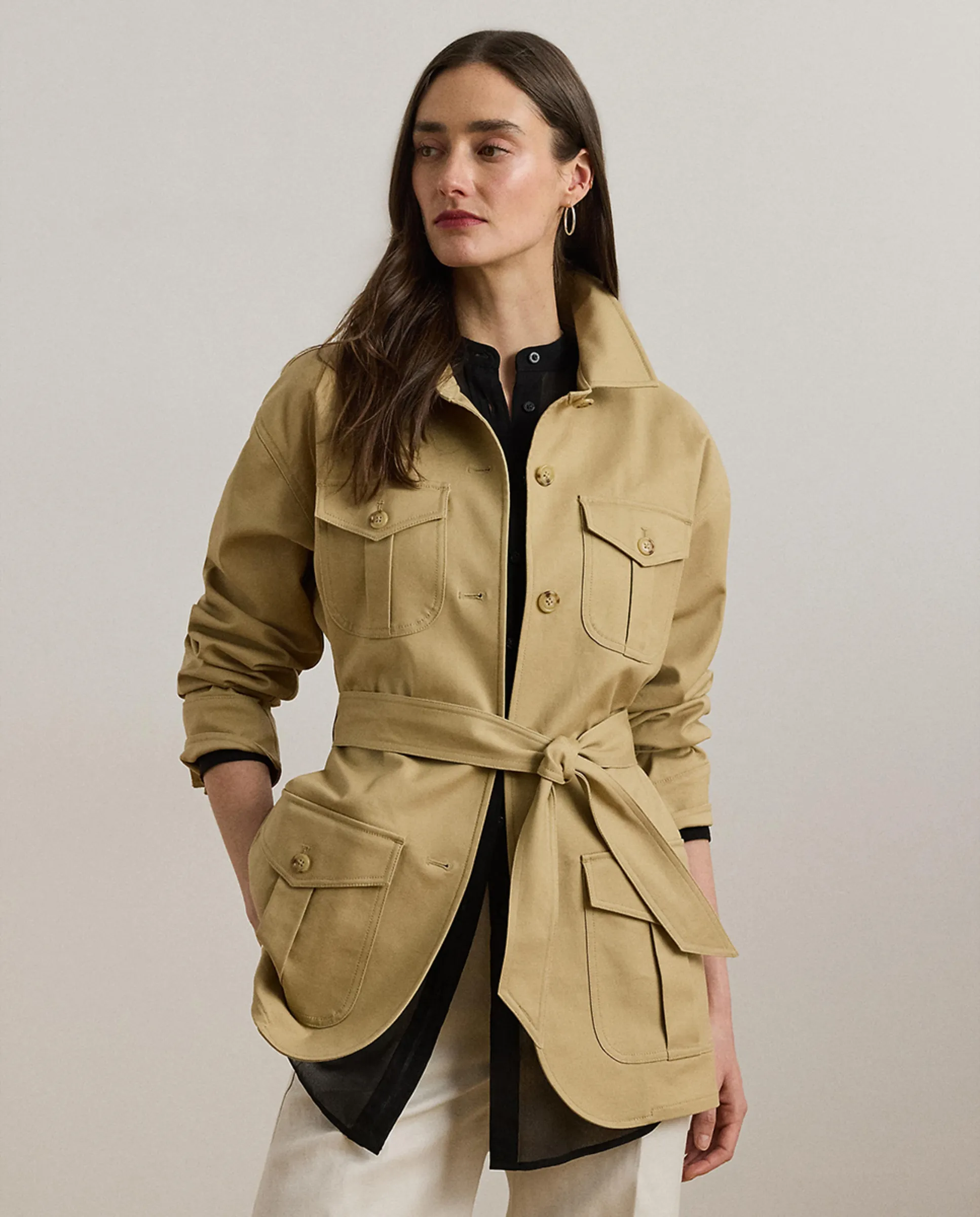 

Женская хлопковая куртка с поясом Lauren Ralph Lauren, бежевый