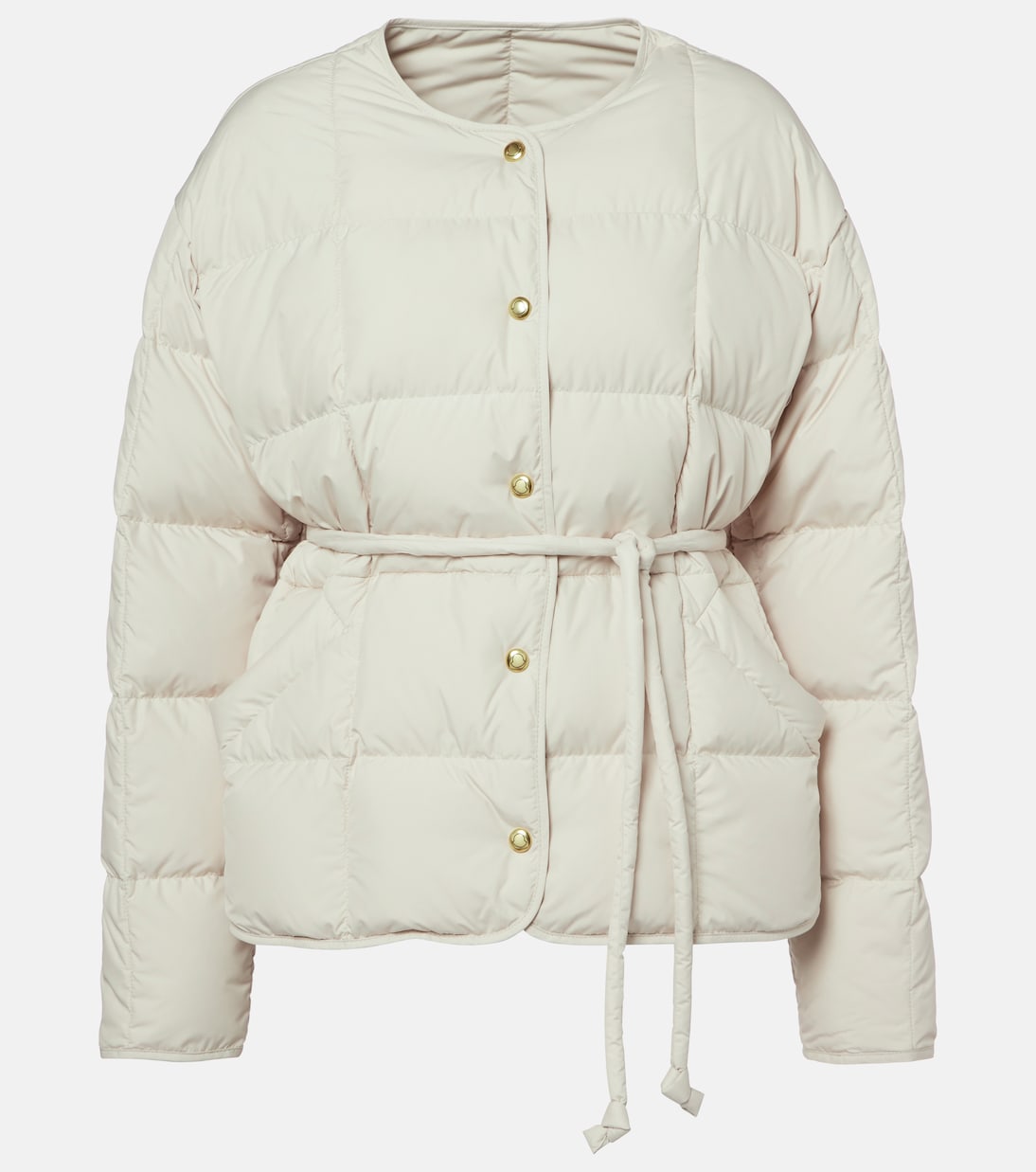 

Пуховик с поясом и кожаной отделкой Moncler, белый