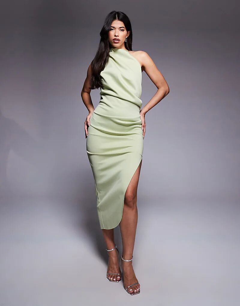 

Платье миди на одно плечо ASOS DESIGN цвета шалфея из ткани в стиле «скуба»