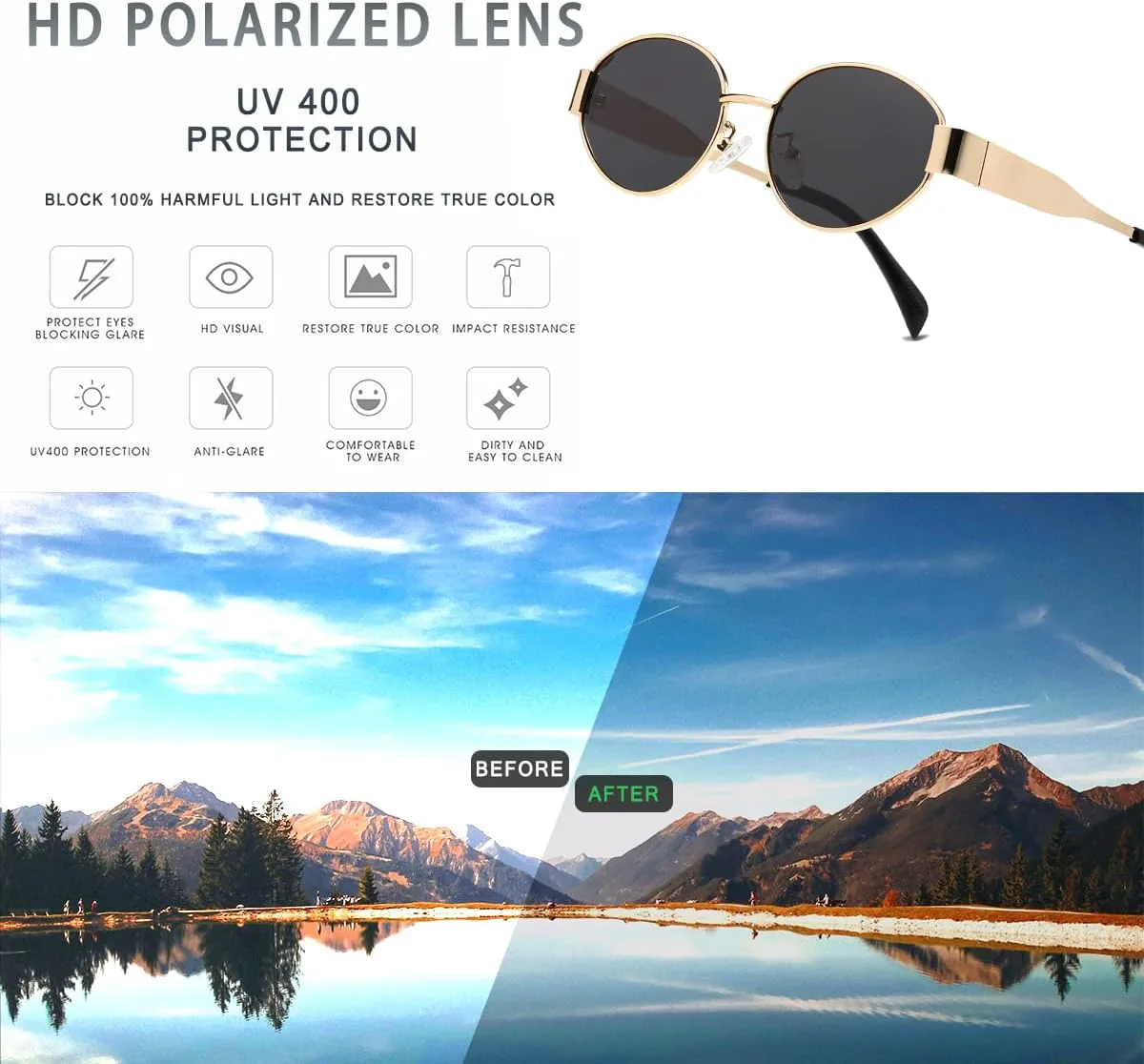 

Ретро-солнцезащитные очки овальной формы для женщин и мужчин - модные поляризованные солнцезащитные очки в классической металлической оправе D Lolylad, Black+green