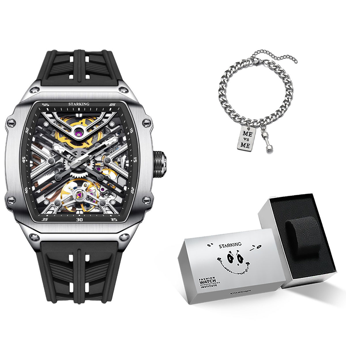 

Стальной сердечник Коллекция Механический ход Силиконовый ремешок Мужские часы Черный циферблат STARKING, AM0535SJ52 Ремешок