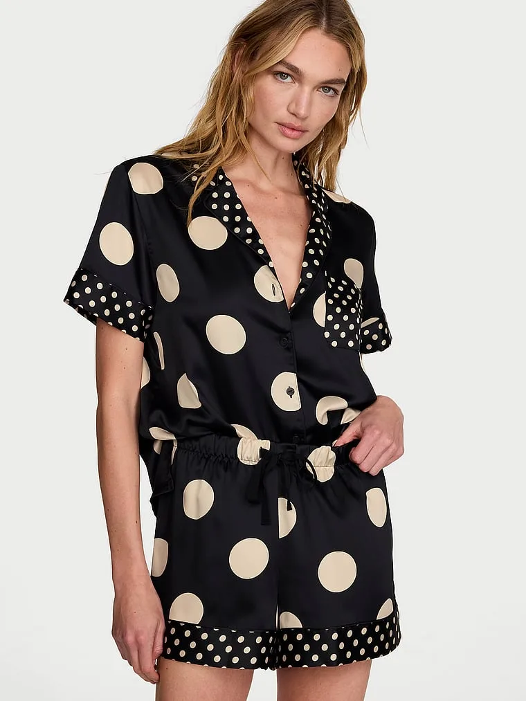 Фирменный атласный короткий пижамный комплект Victoria'S Secret, Signature Satin Black & Tan Dots — фото 2