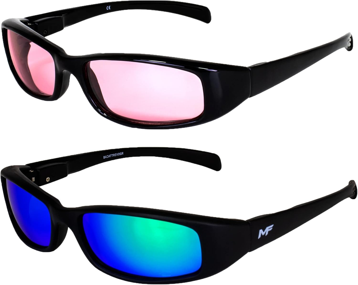

2 пары солнцезащитных очков MF Eyewear Bad Attitude Cool Wraparound Motorcycle Sunglasses в черной оправе с зеркальными линзами розового и зеленого цвета, Rose & Green