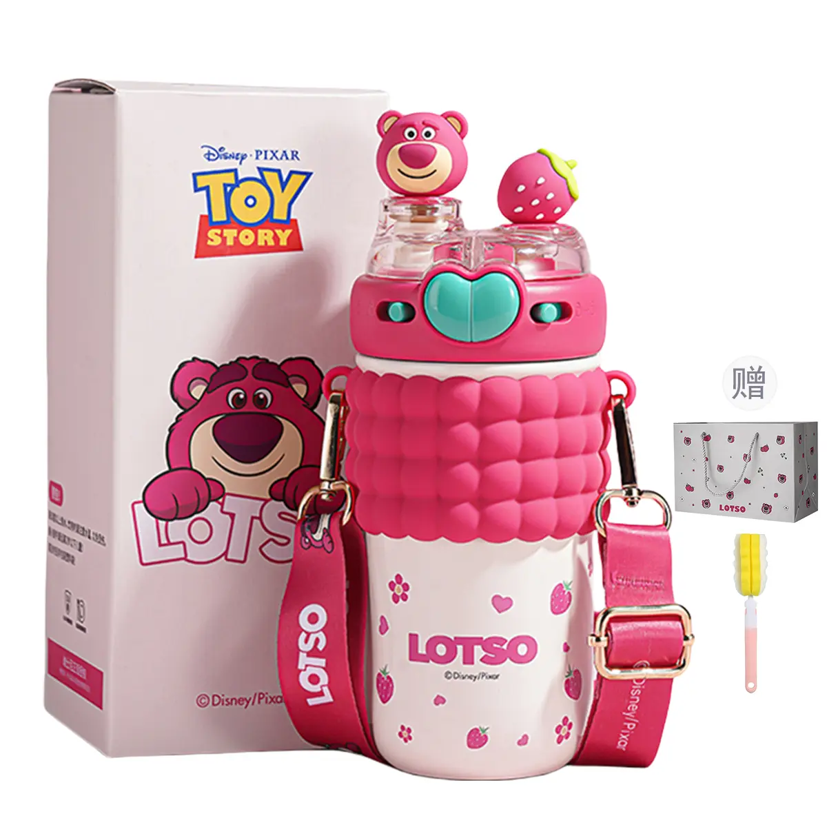 Детский термос Strawberry Bear Disney «Double Drink», 520 мл, Lotso + ершик, пакет