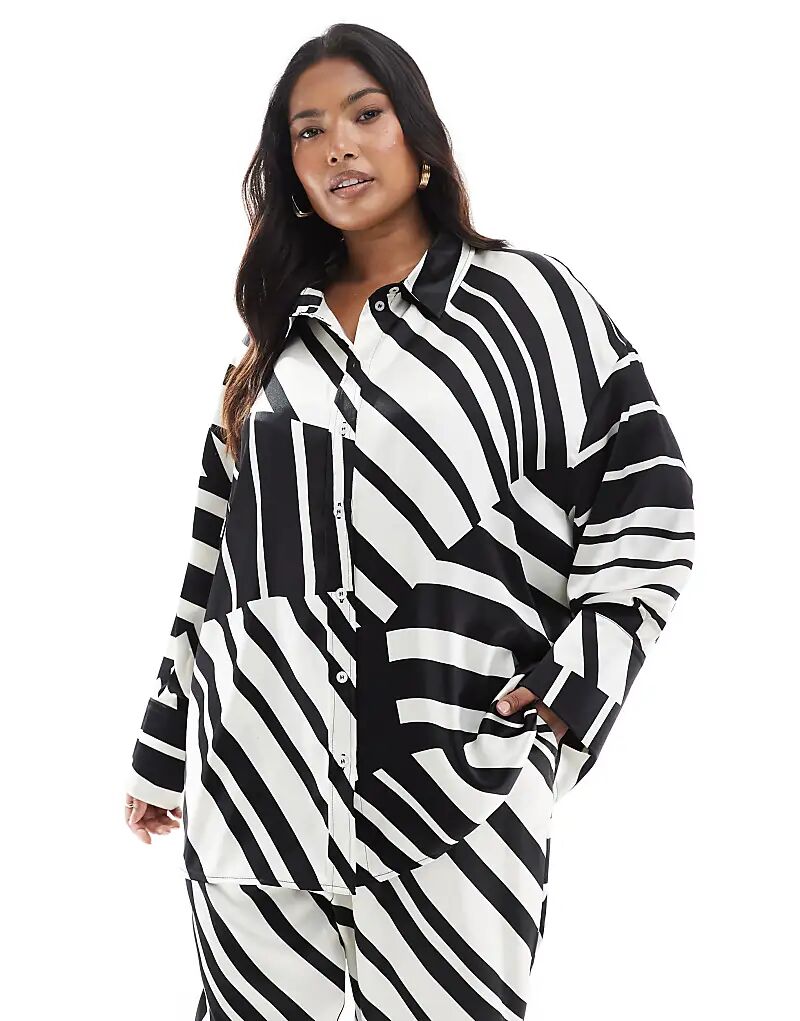 

4th & Reckless Plus Атласная рубашка с широкими манжетами, черно-белый принт