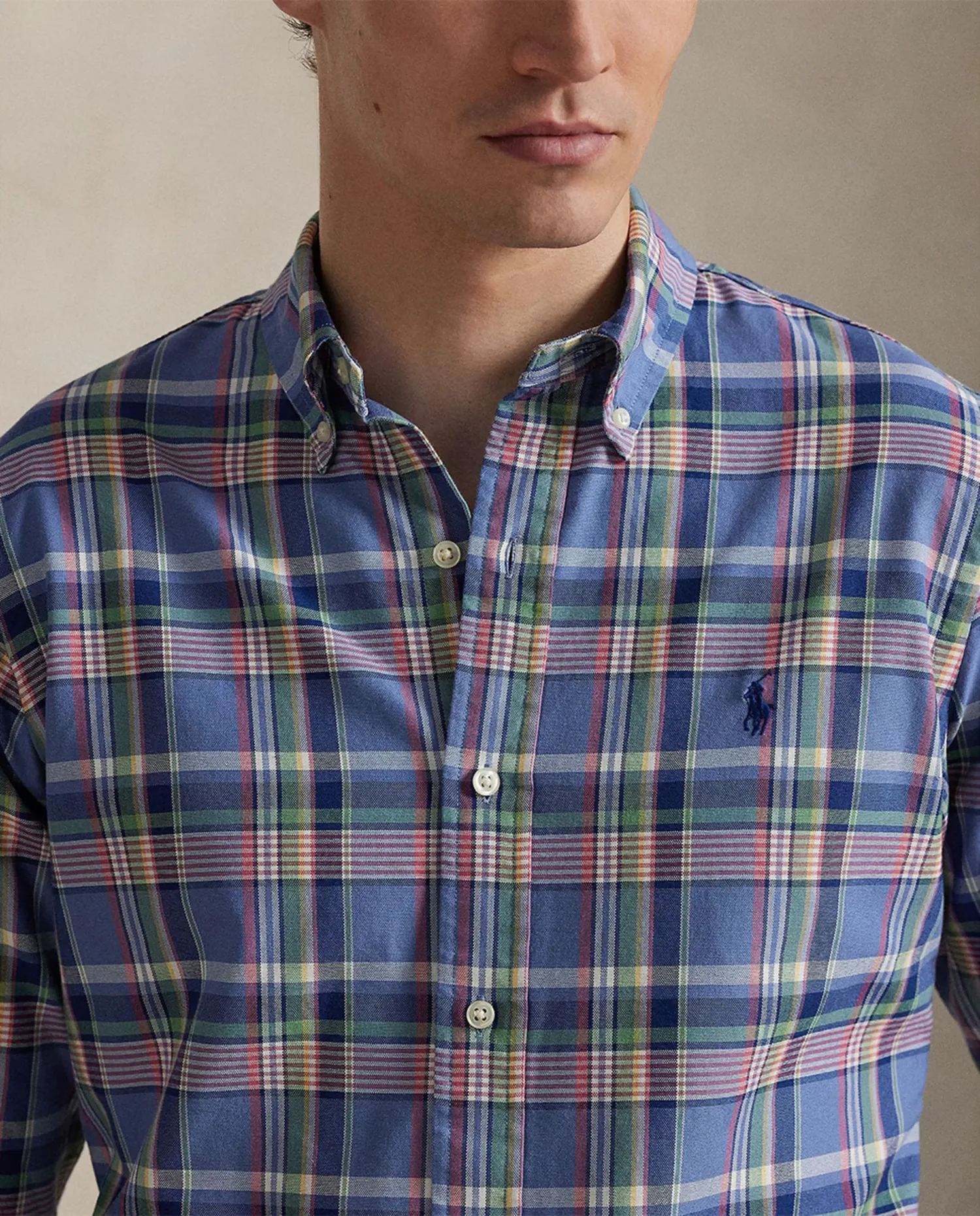 Мужская рубашка Oxford Custom Fit в клетку Polo Ralph Lauren, синий — фото 3
