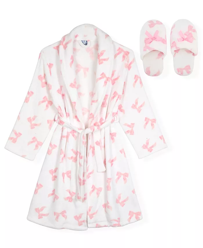 

Маленькие и большие девочки 2-предметный комплект халата из фланели с принтом бантиков и тапочками Max & Olivia, белый