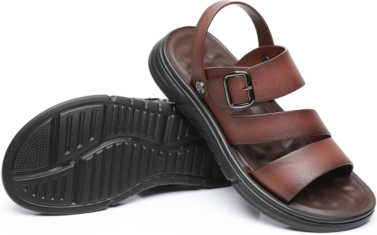 Finishing & Sewing Men's Leather Comfort Beach Sandals with Adjustable Buckle Strap, коричневый — фото 4
