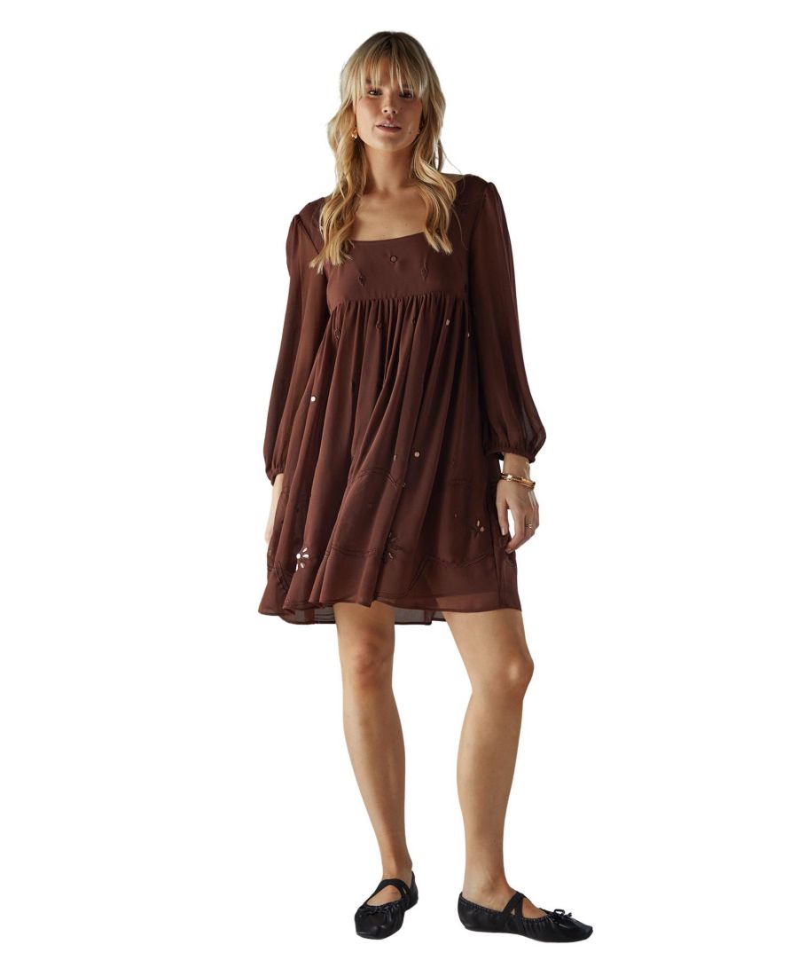 

Женское мини-платье с квадратным вырезом, украшенное ручной вышивкой Warehouse, Chocolate