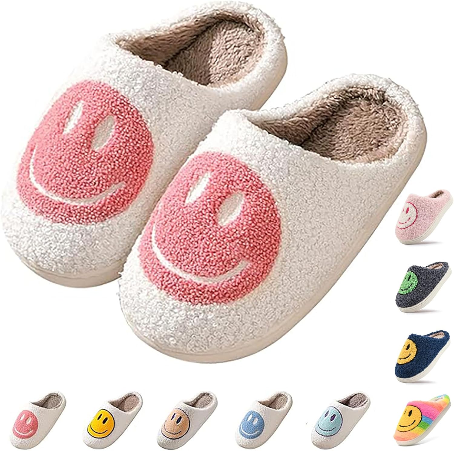 

Милые детские плюшевые тапочки с улыбающимся личиком- нескользящие, теплые, для дома и улицы Soofylia, белый/розовый